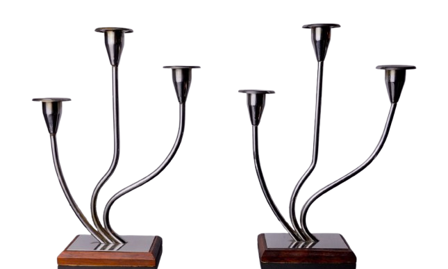 Pair of art deco candlesticks in stainless steel and rosewood 3 flames, Spain, 1970