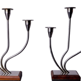 Pair of art deco candlesticks in stainless steel and rosewood 3 flames, Spain, 1970