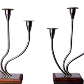 Paire de bougeoirs art déco en inox et palissandre 3 flammes, espagne, 1970
