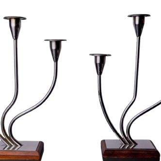 Pair of art deco candlesticks in stainless steel and rosewood 3 flames, Spain, 1970