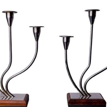 Pair of art deco candlesticks in stainless steel and rosewood 3 flames, Spain, 1970