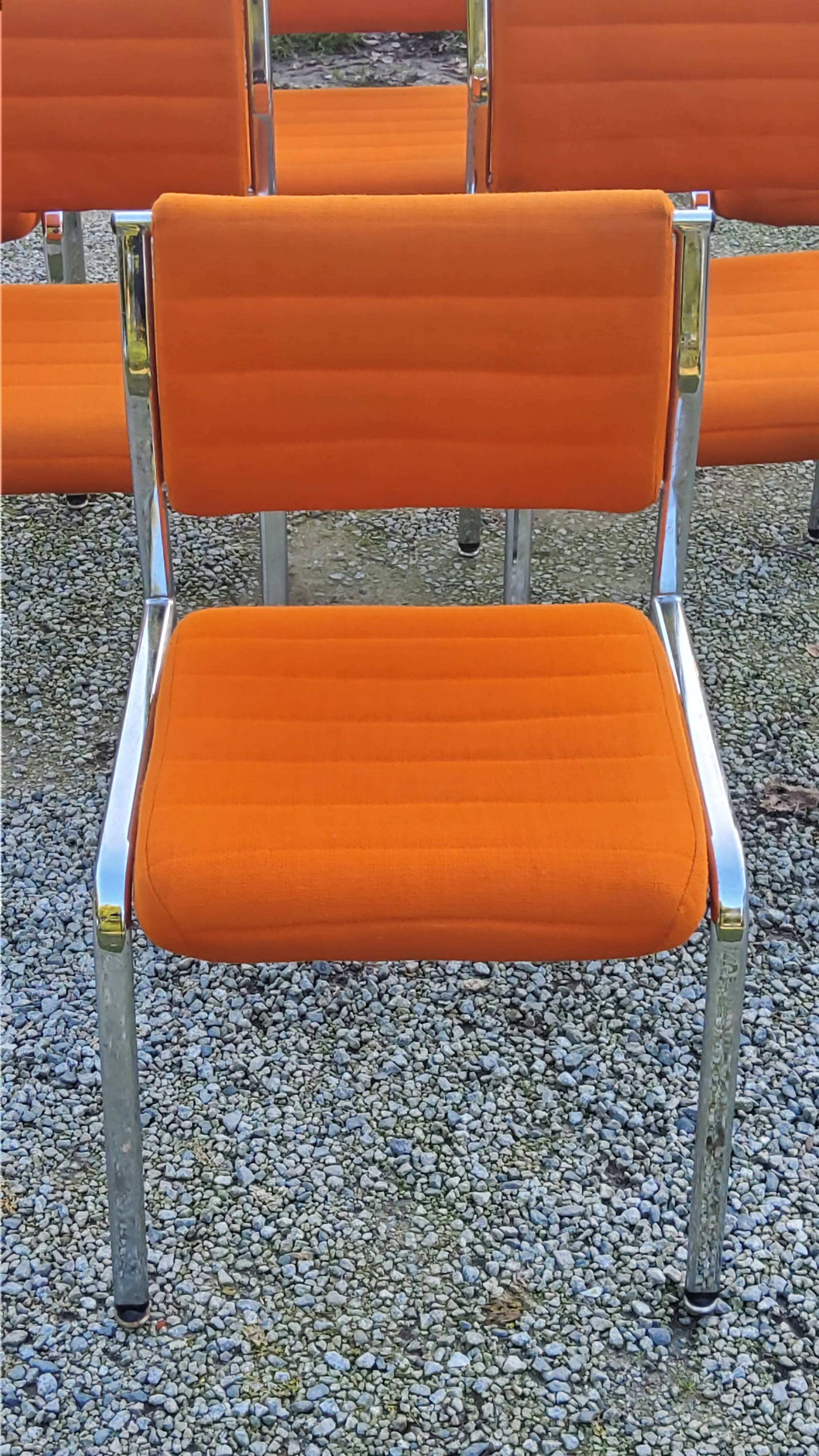 Set of 6 designer chairs from the 70s orange fabrics and chrome tubes