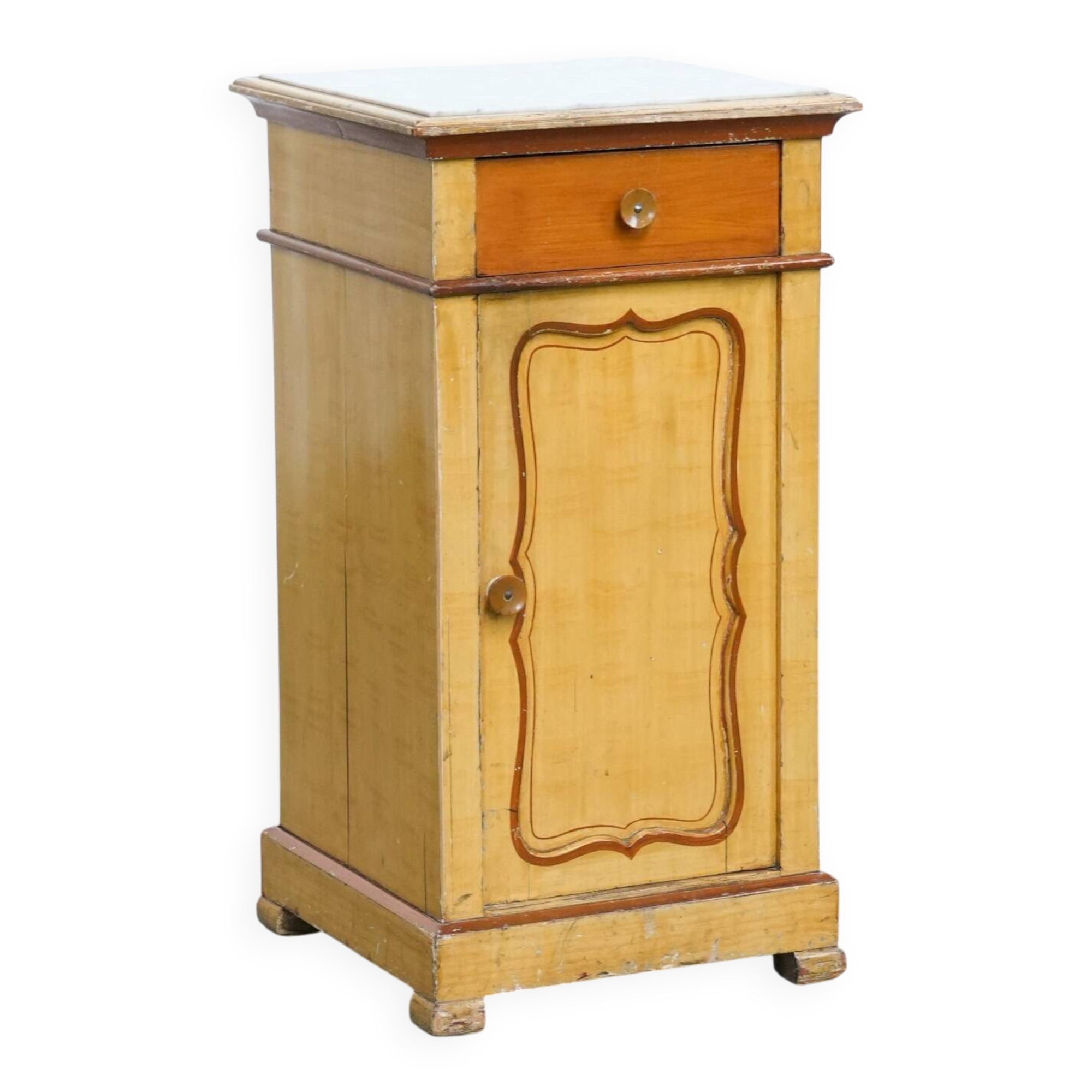 Antique wooden 1-door hallway/nightstand with a light marble top