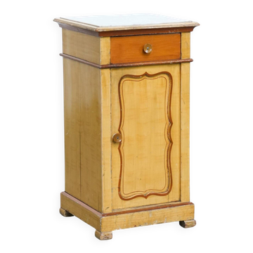 Antique wooden 1-door hallway/nightstand with a light marble top