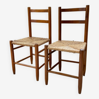 Pair of straw and beech chairs, mountain furniture