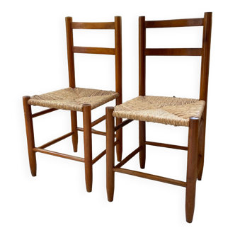 Pair of straw and beech chairs, mountain furniture