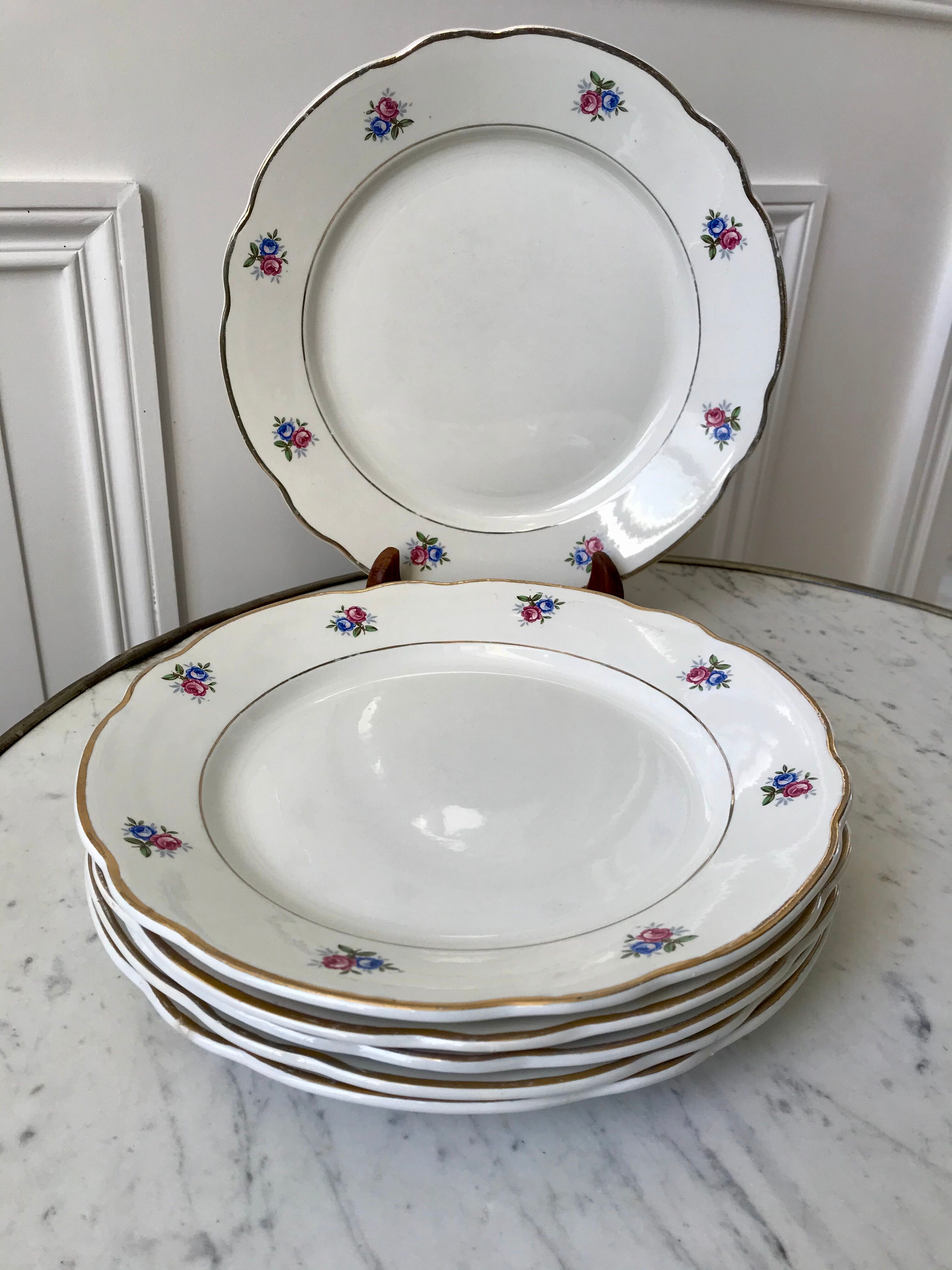 set of 6 flat plates Digoin Sarreguemines small flowers 50s