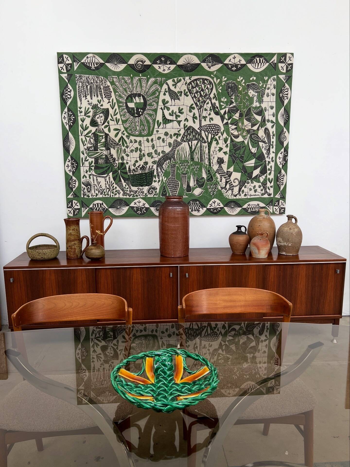 50s green braided barbotine fruit bowl