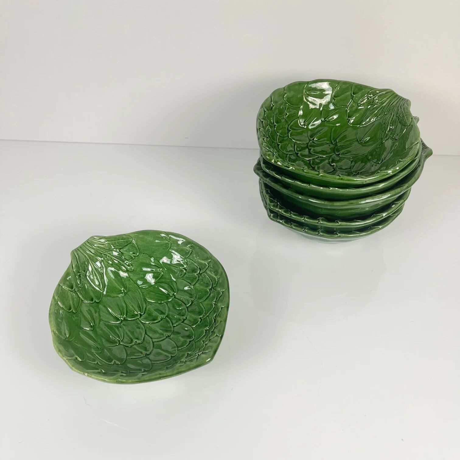 Salad service green leaf artichoke vintage salad bowl + 6 bowls 70s