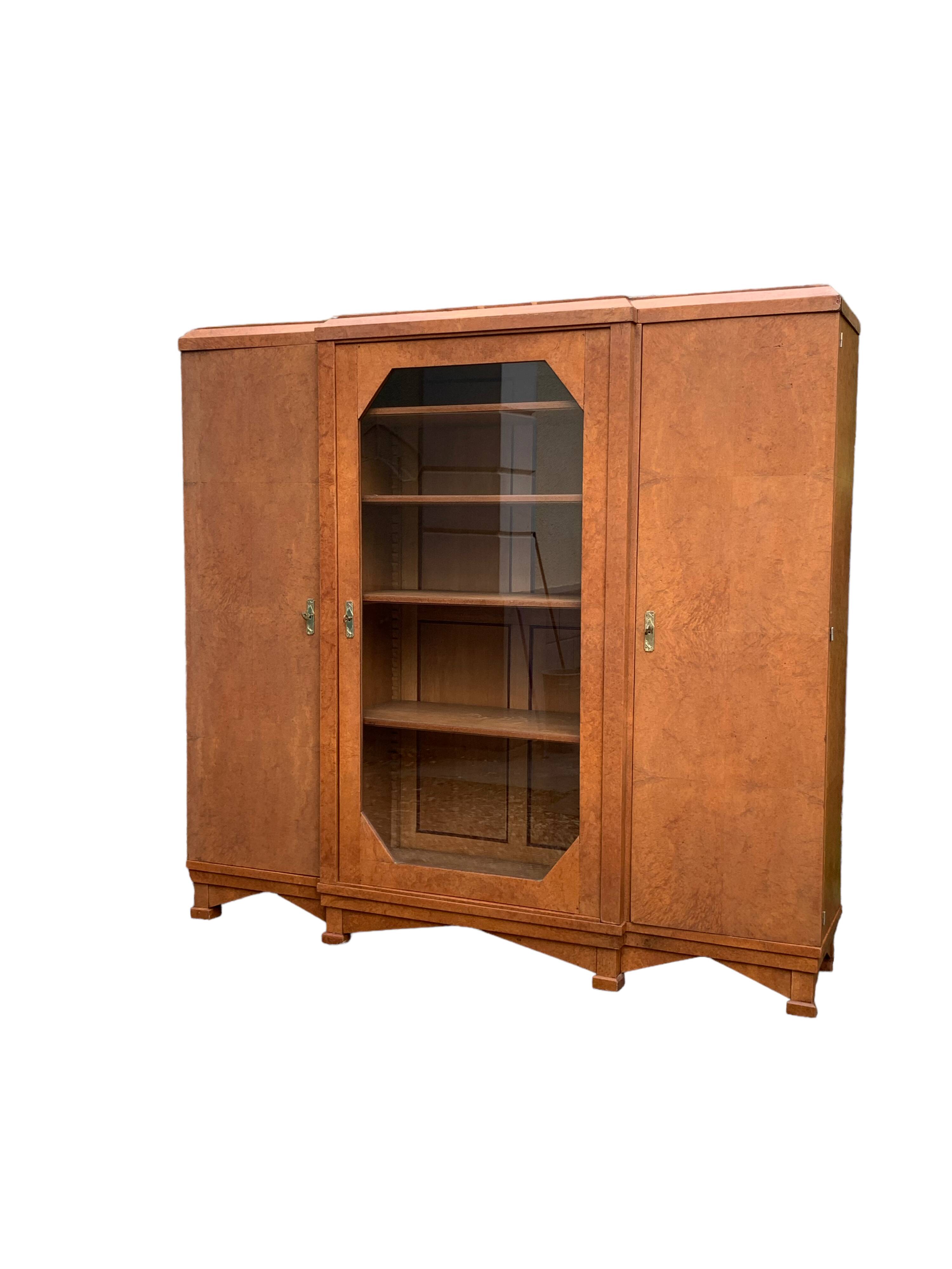 Art deco glass china cabinet in burr walnut 1930