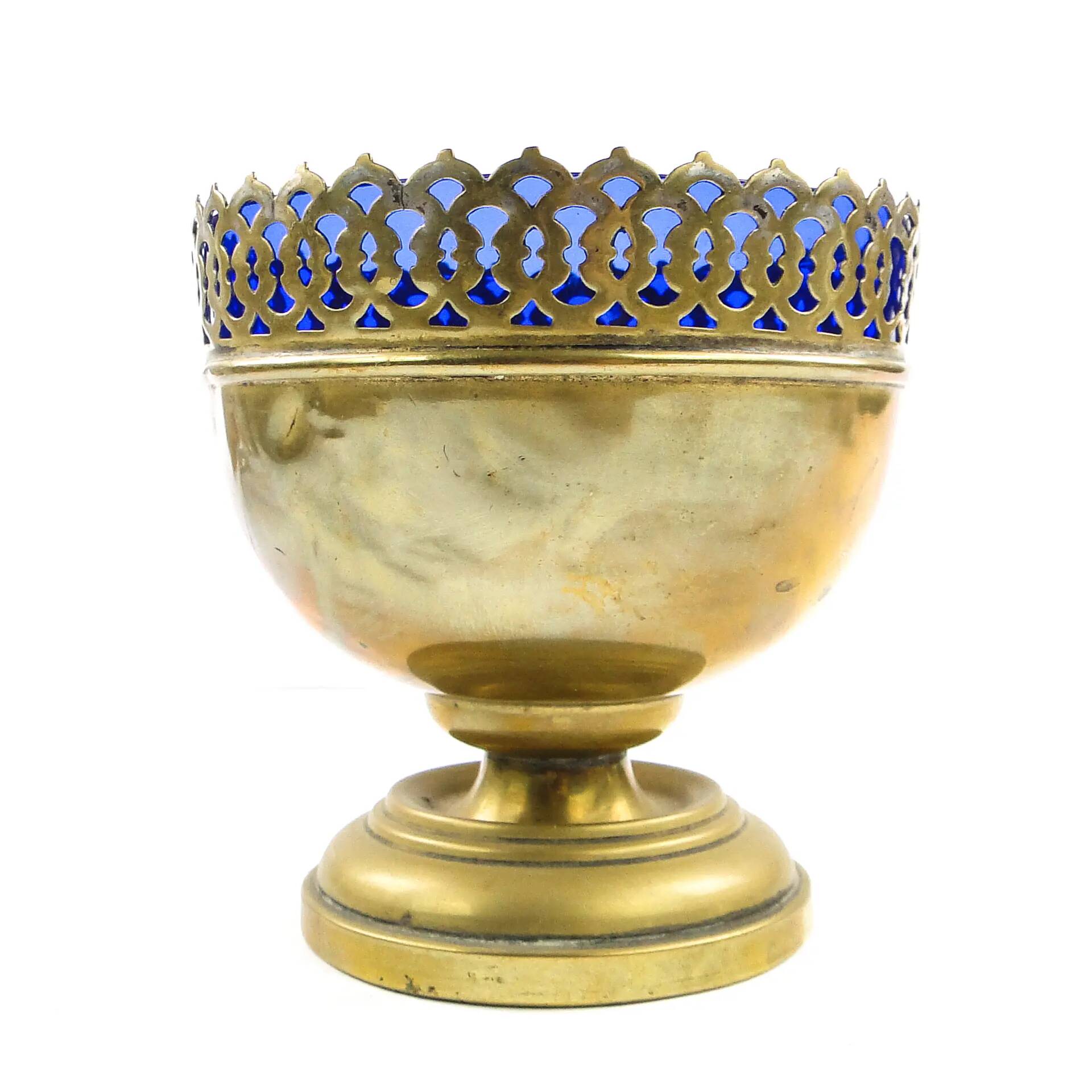 Art Nouveau sugar bowl, brass, cobalt glass, Sweden, early 20th century