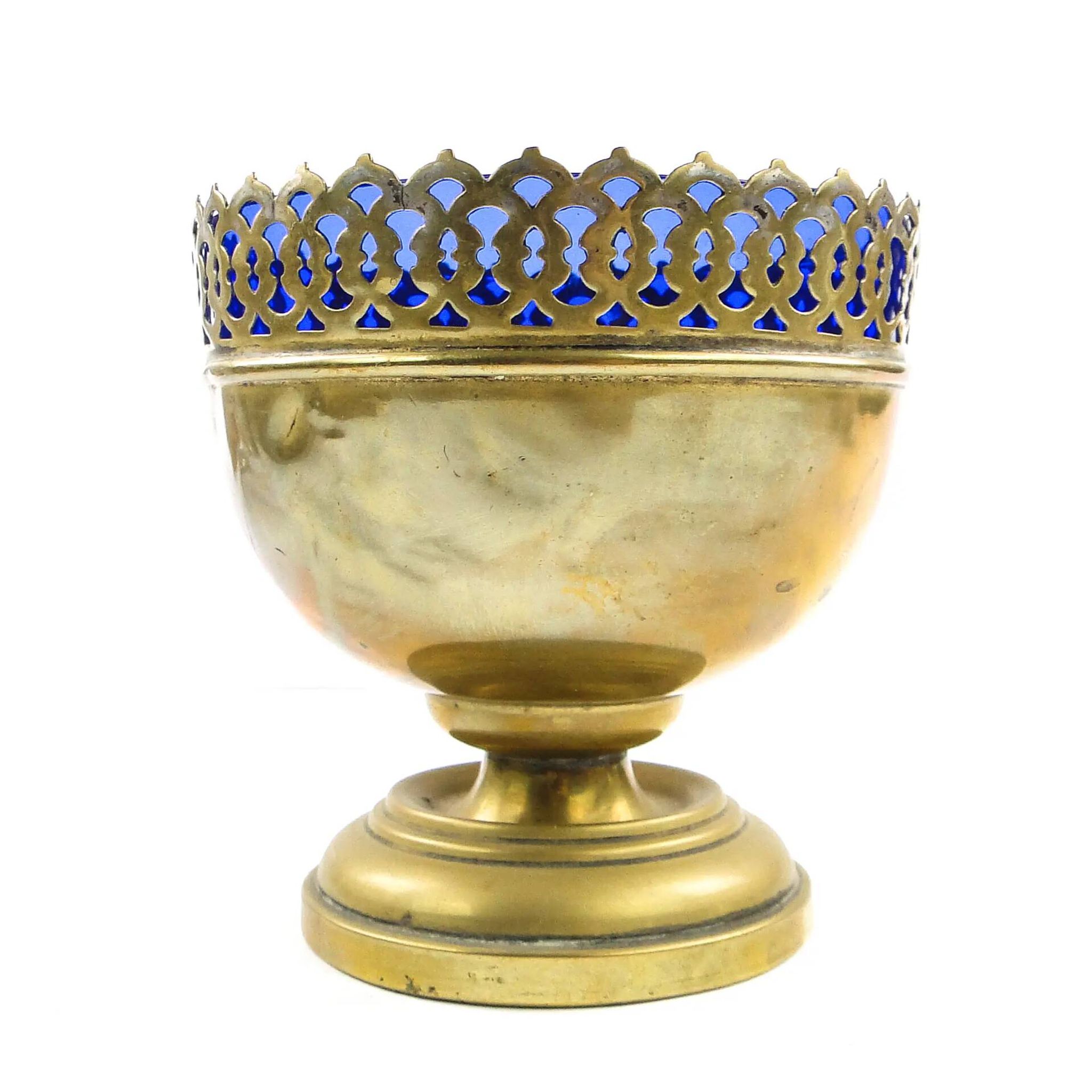 Art Nouveau sugar bowl, brass, cobalt glass, Sweden, early 20th century