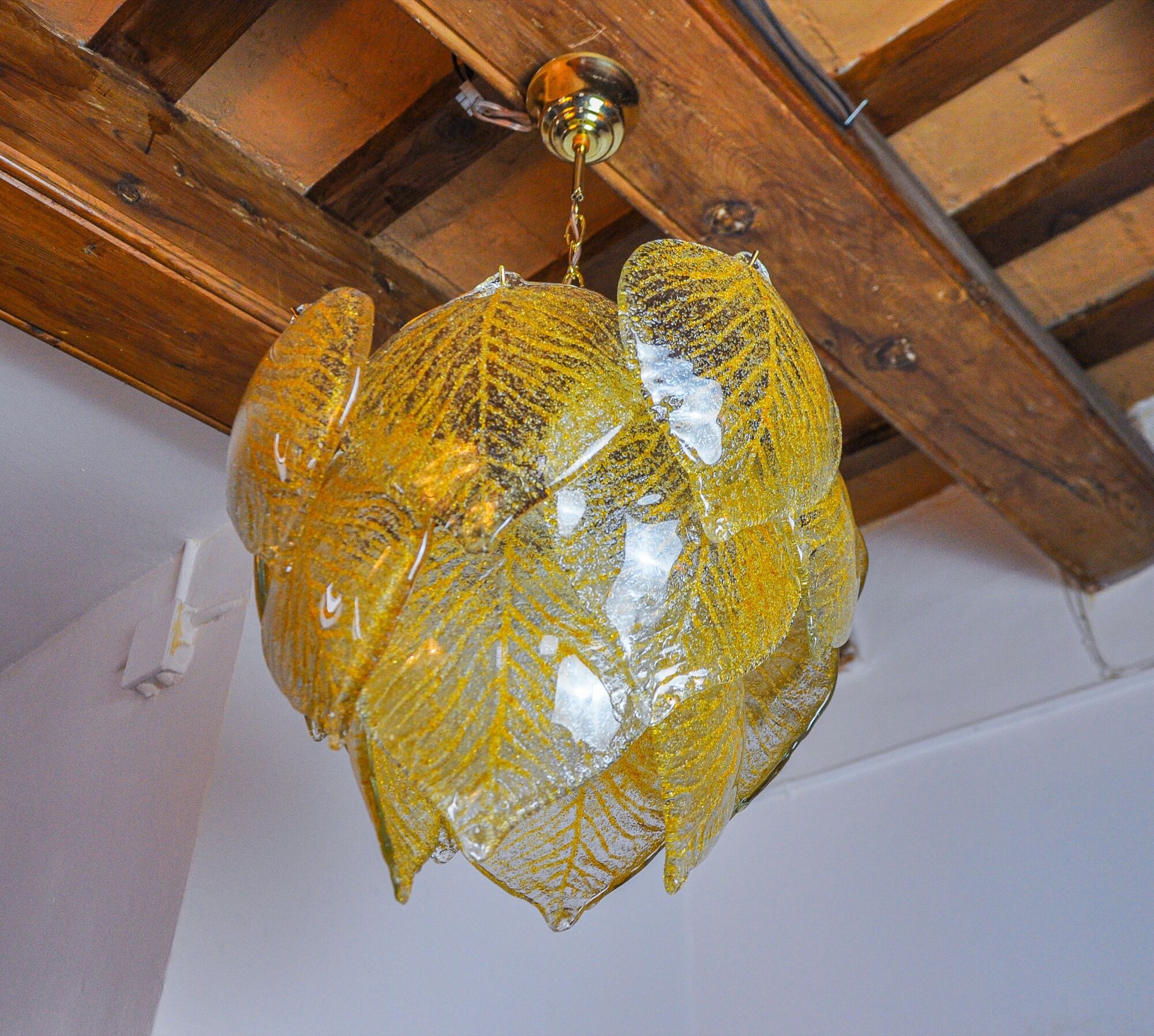 Chandelier leaves Murano Mazzega, gilded frosted glass, italy 1970