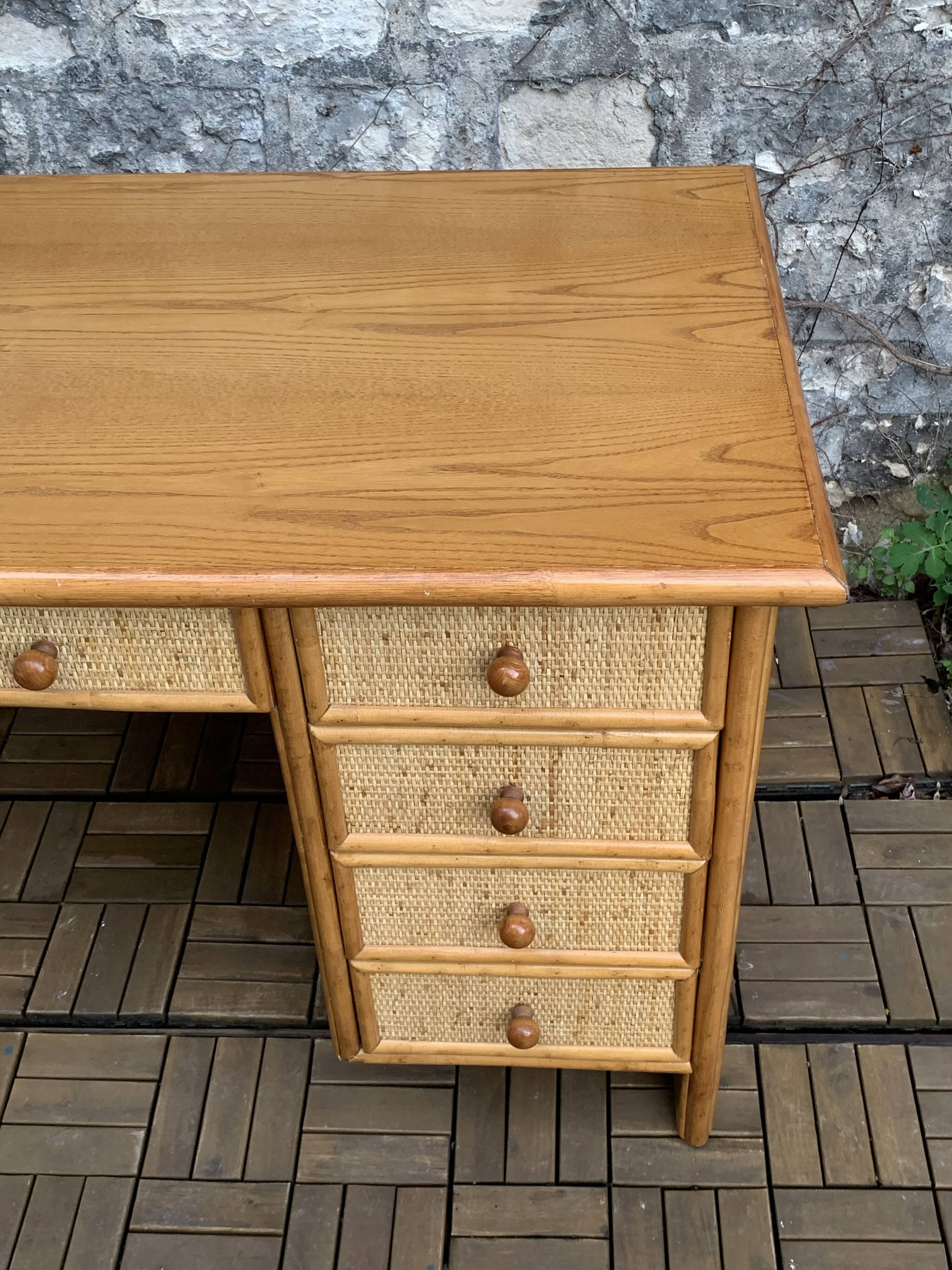 Vintage rattan and woven wicker desk 1970