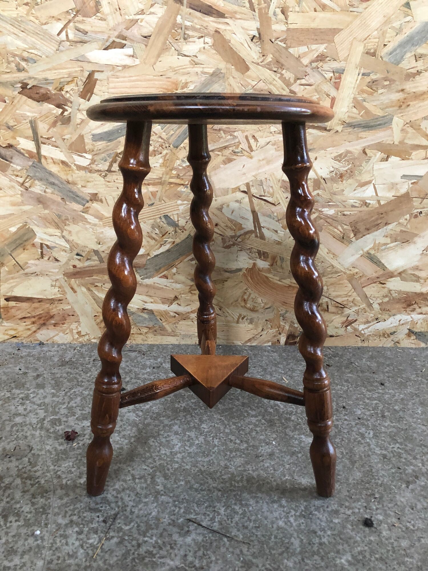 Old milking stool twisted feet vintage wood