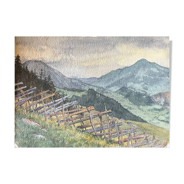 Tableau, aquarelle G. Girardot (1856-1914), Alentours de Leysin vers 1900
