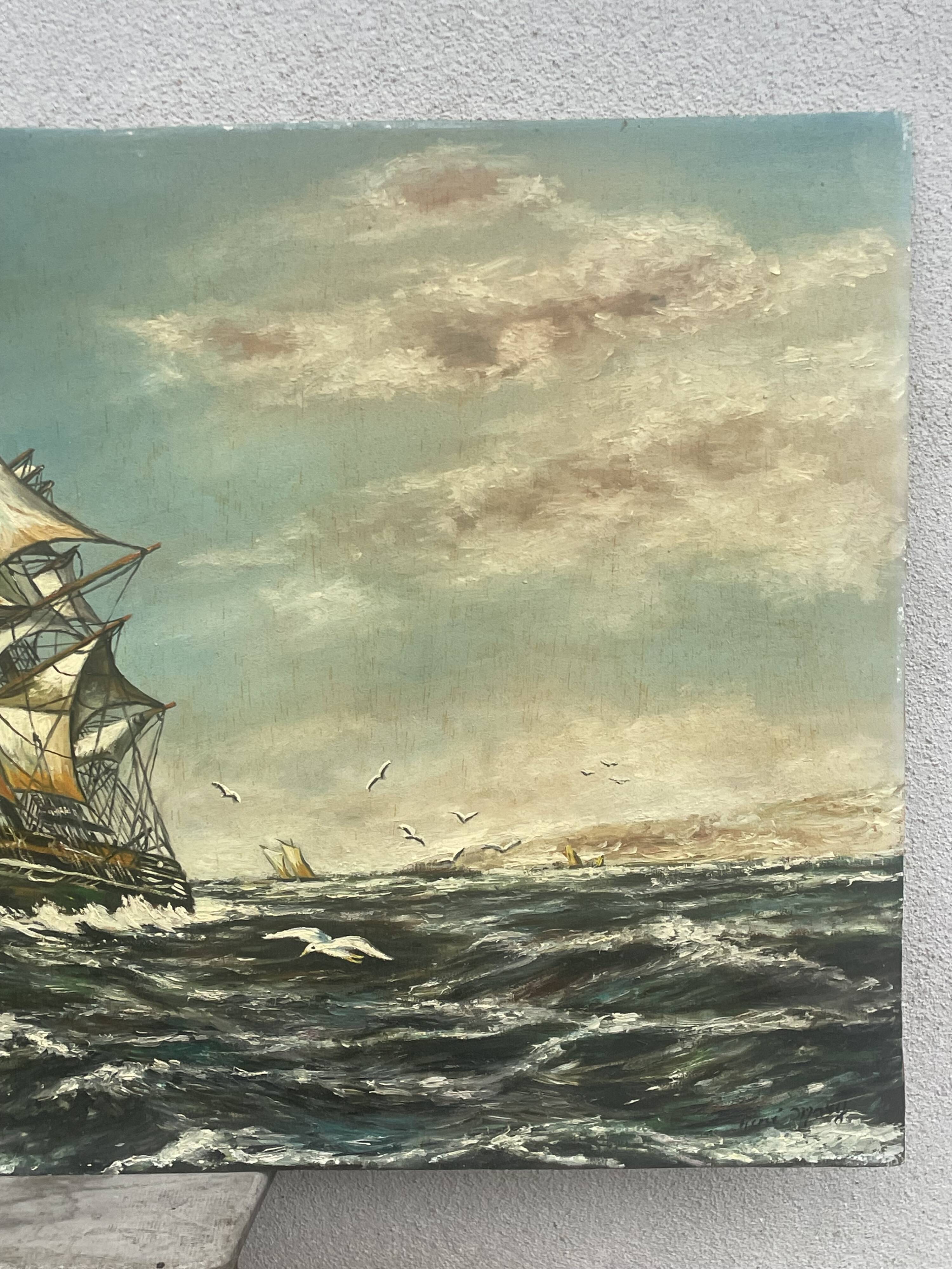 Oil on panel galion by rene mary marine 89 x 45 cm