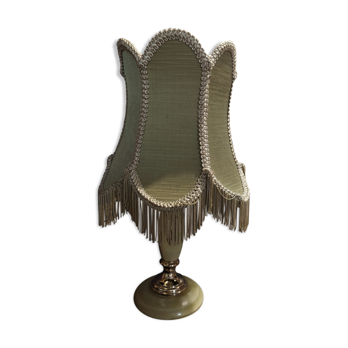 Vintage bedside table lamp onyx and brass lampshade with fringes