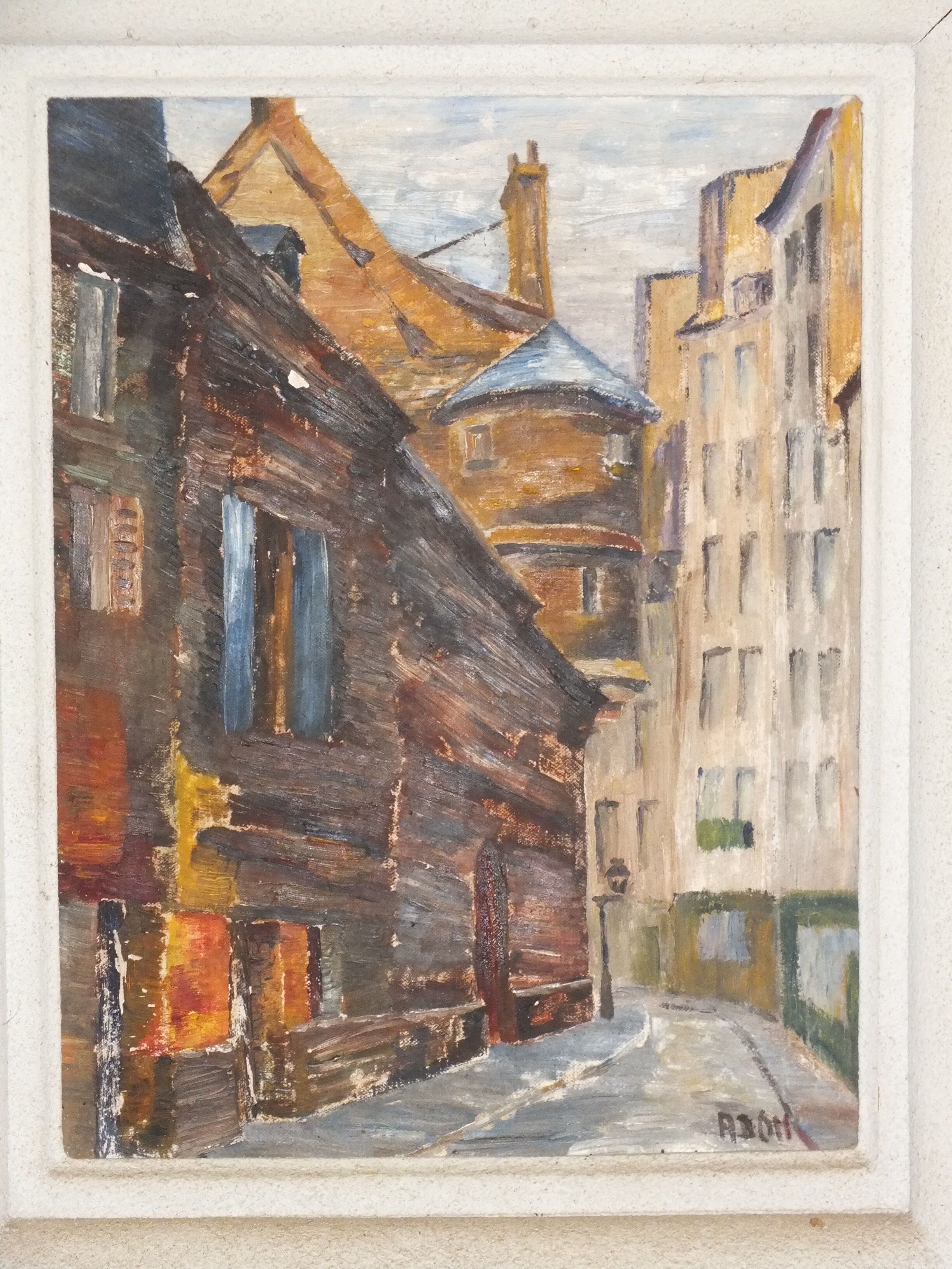 Painting on cardboard alley in Paris or Rouen