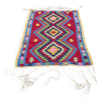 Handmade Afghan wool Kilim rug in burgundy and yellow, 95x160cm.