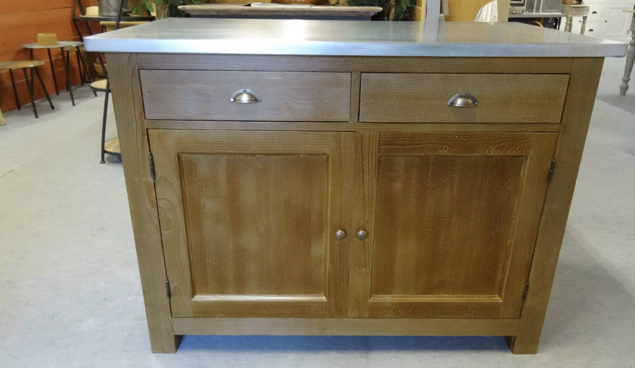 Solid wood sideboard zinc metal top