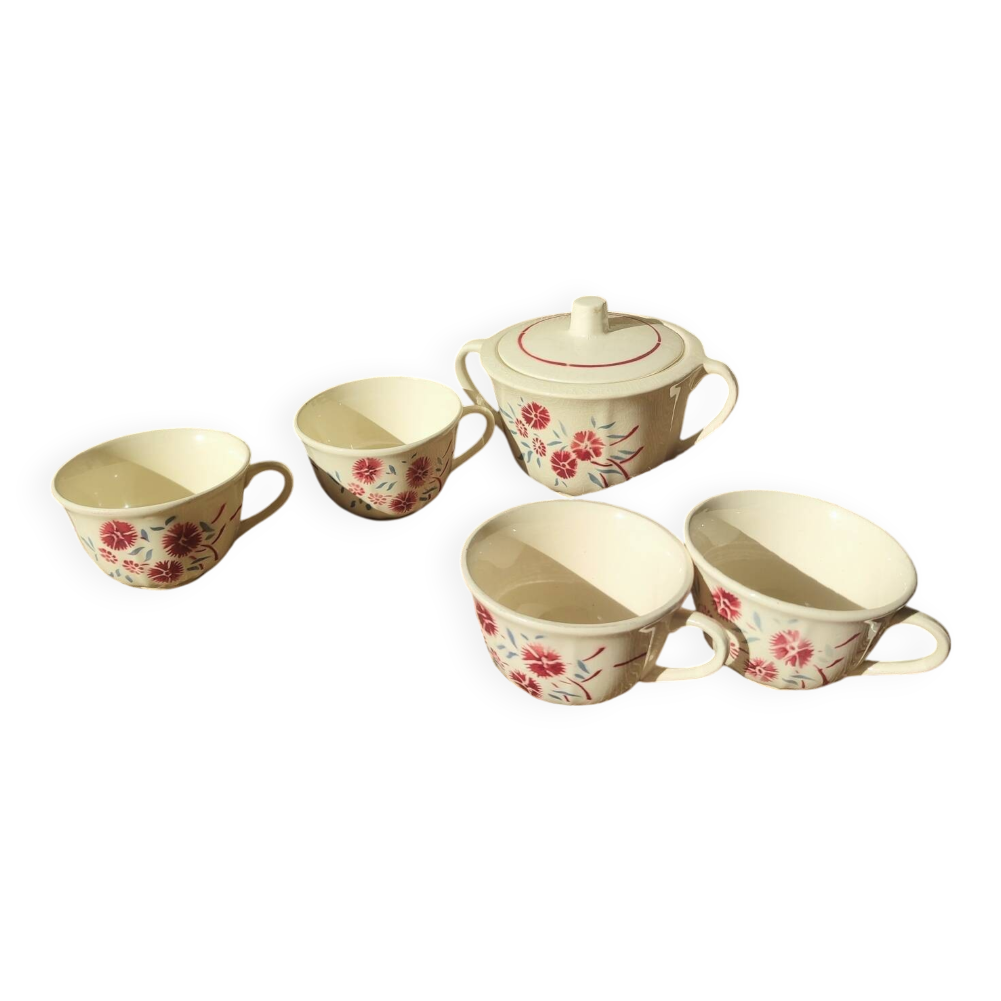 Set of 4 Badonviller Floral cups and a sugar bowl