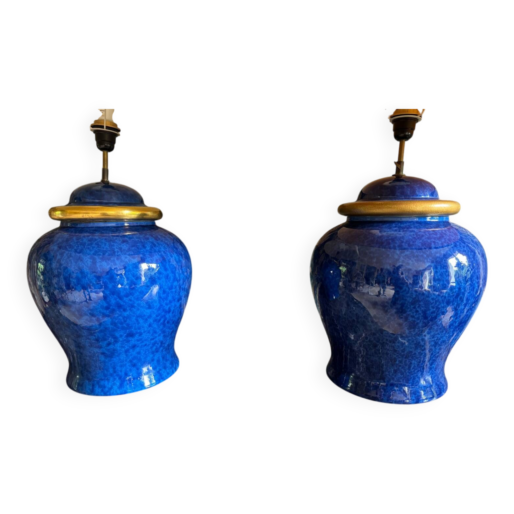 Pair of blue enamelled lamps