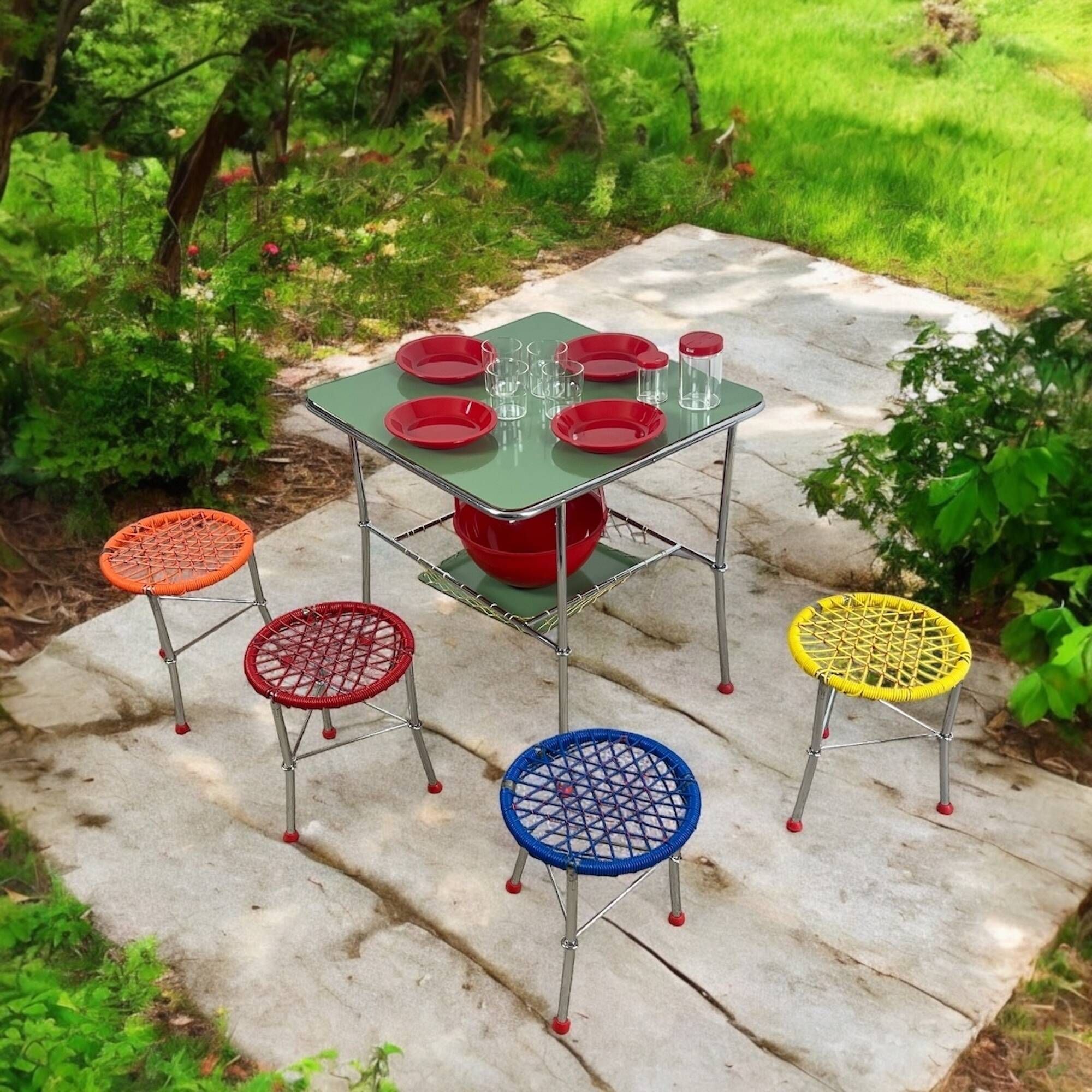 60s Kids Table with 4 Colourful Folding Chairs – Vintage Children Furniture Set