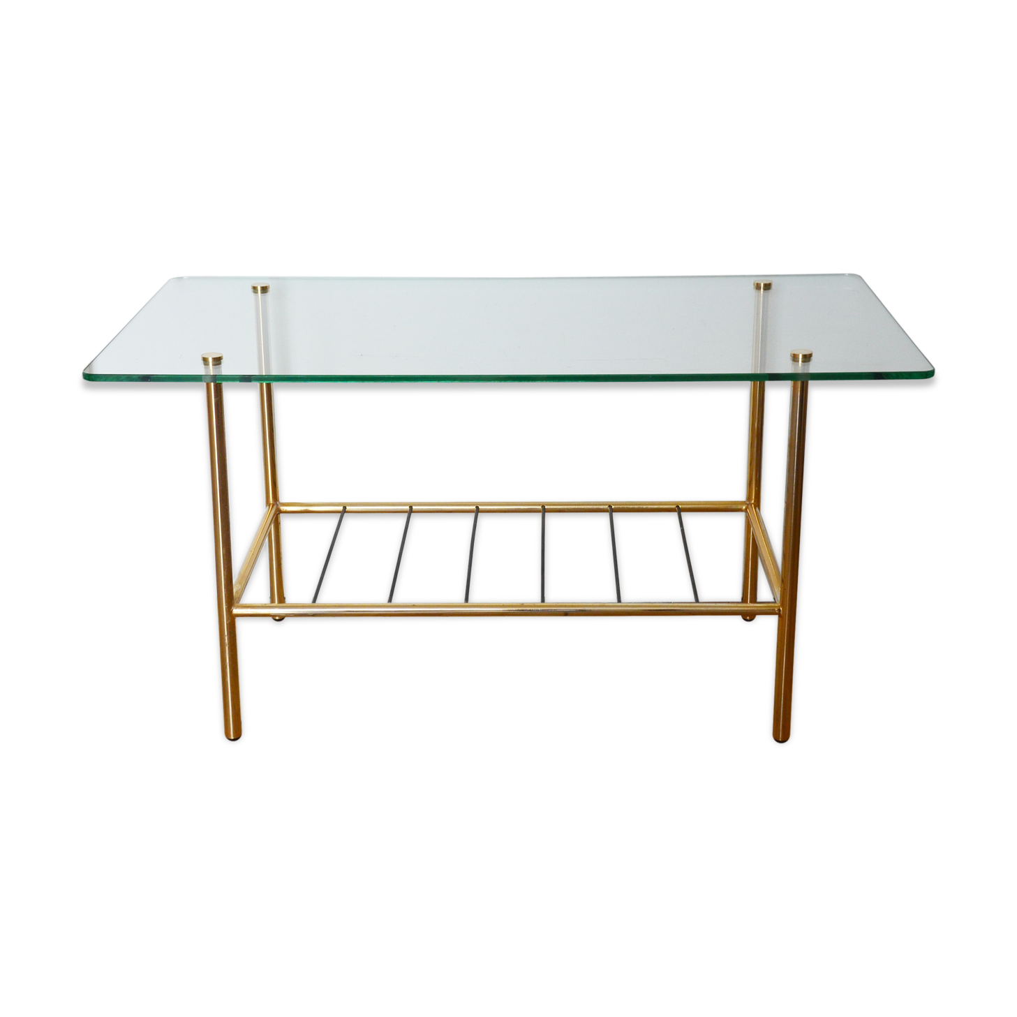 Table basse verre laiton années 50 porte-revues