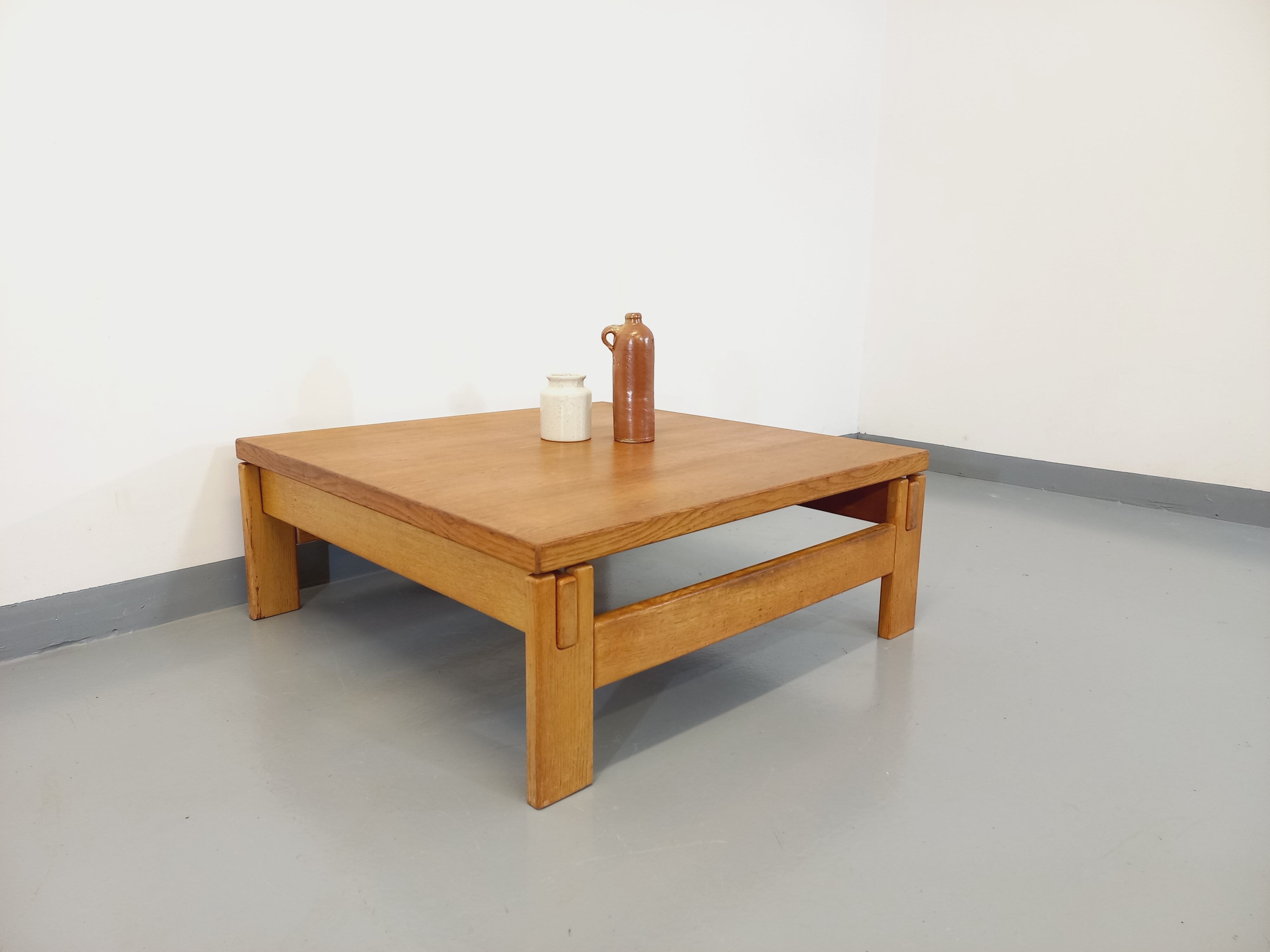Vintage square coffee table in solid oak wood from the 60s 70s