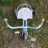 Old children's tricycle toy metal blue & white 70s vintage