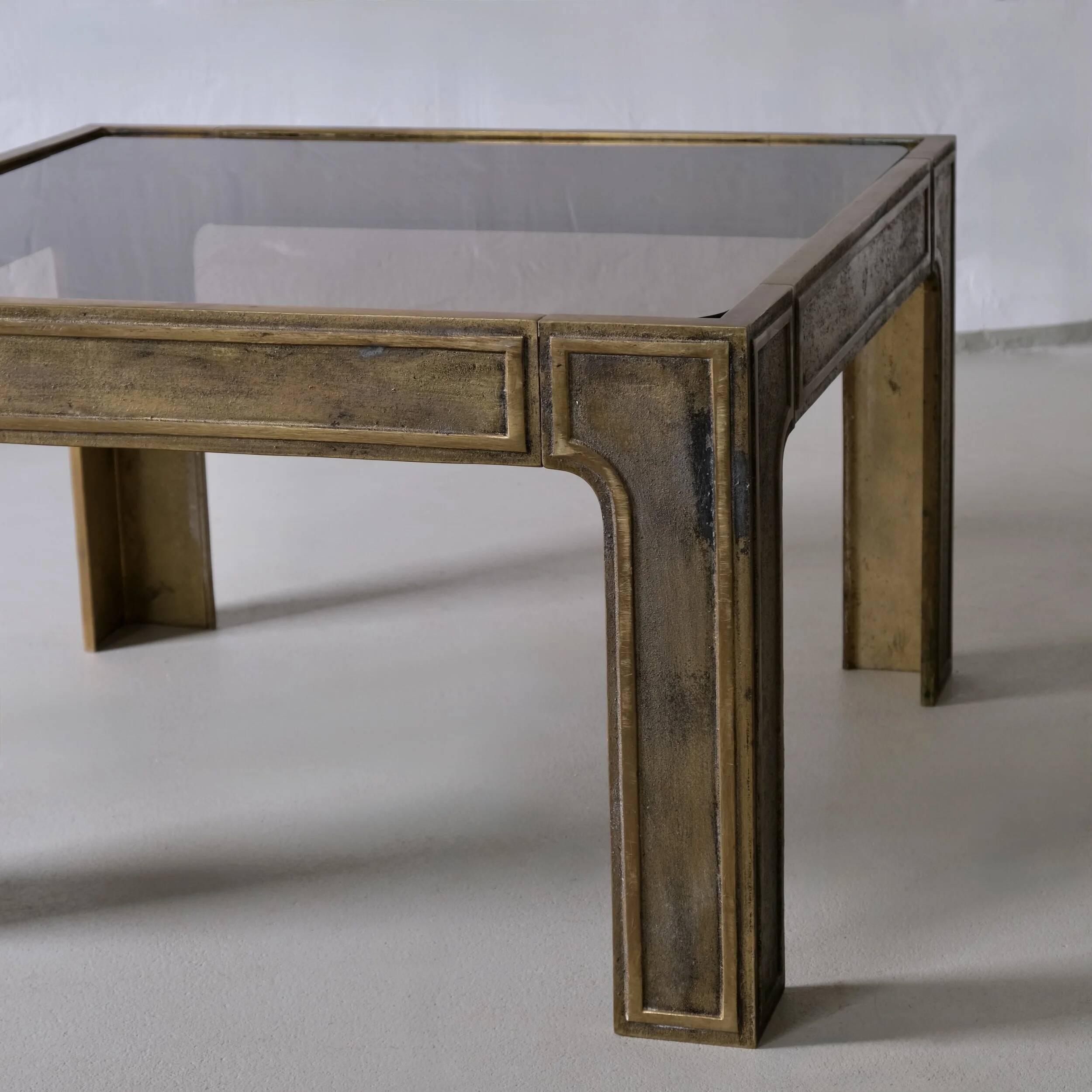Brutalist bronze and glass square coffee table | 1970s