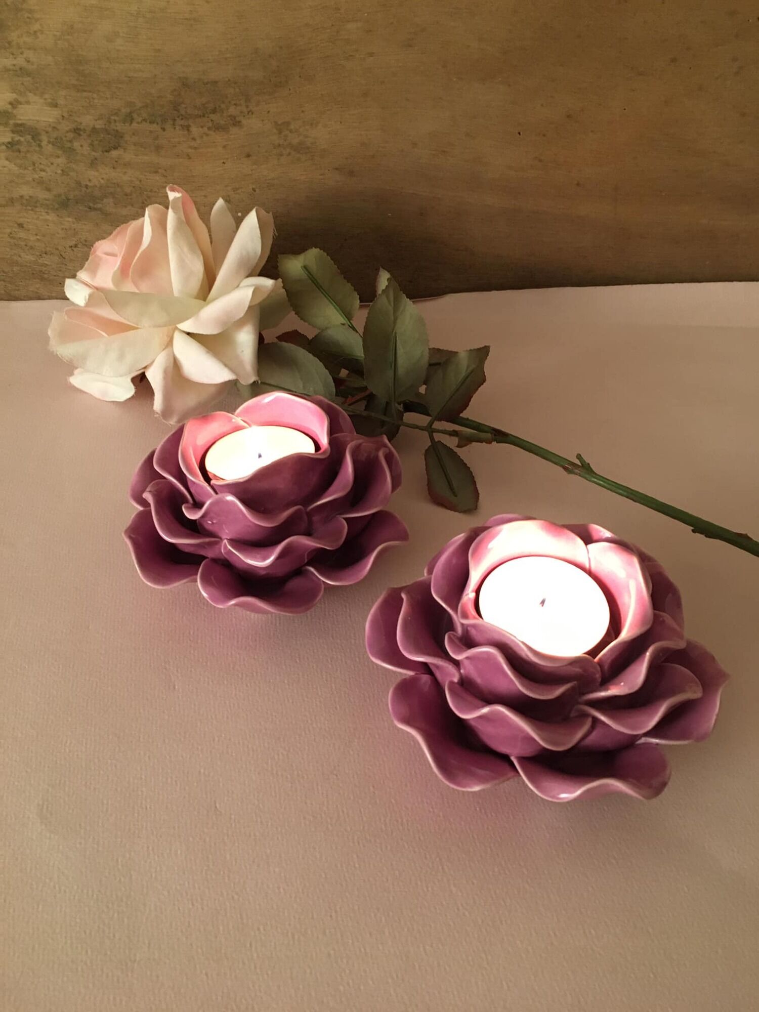Duo of porcelain flower candle holders, old pink color