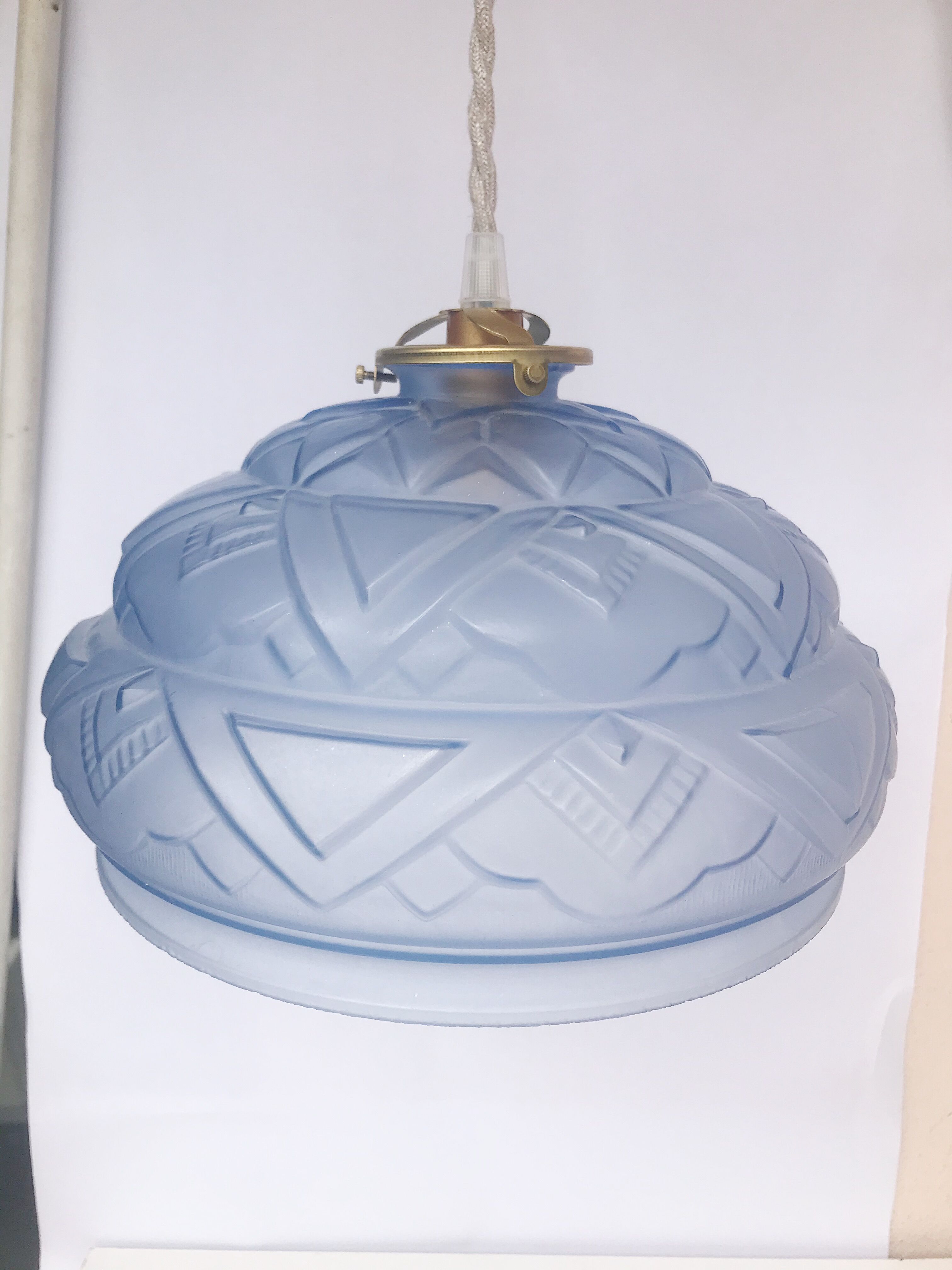 Blue Art Deco motif pendant light in pressed molded glass