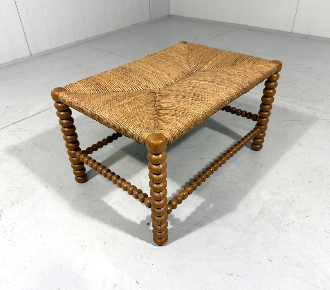Low oak bobbin stool with rush seat 1930’s