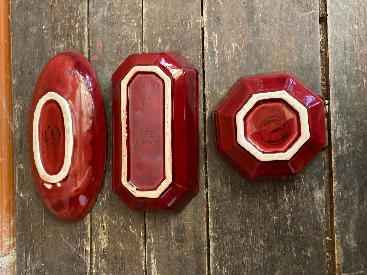 Set of 3 Vintage Red Oriental Ceramic Pocket Vases with Black Decor