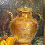 Still life with pourer and bouquet of flowers signed