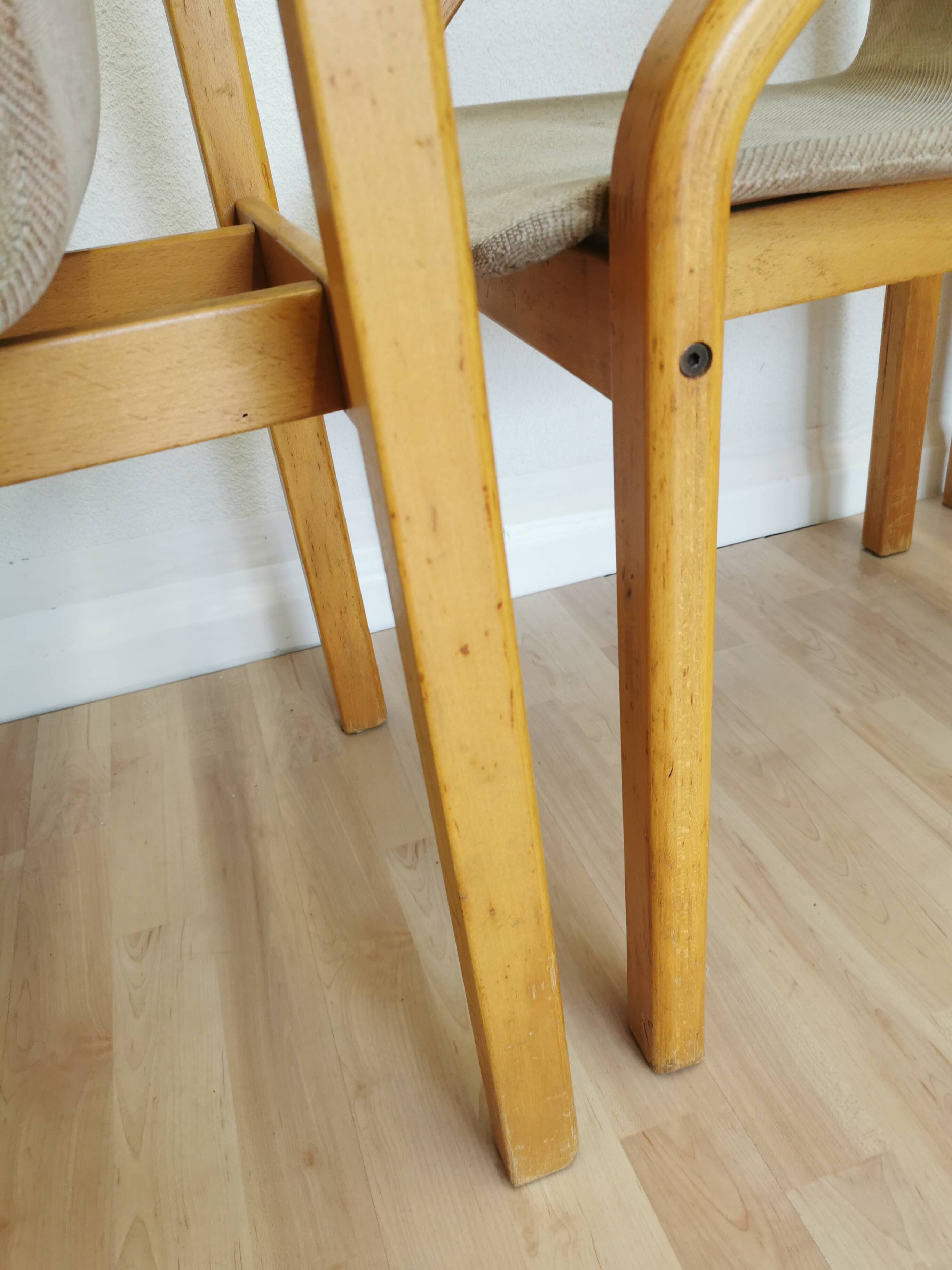 Set of 4 Vintage Beech Wood Dining Chairs: 1970s Space Age Gray Fabric