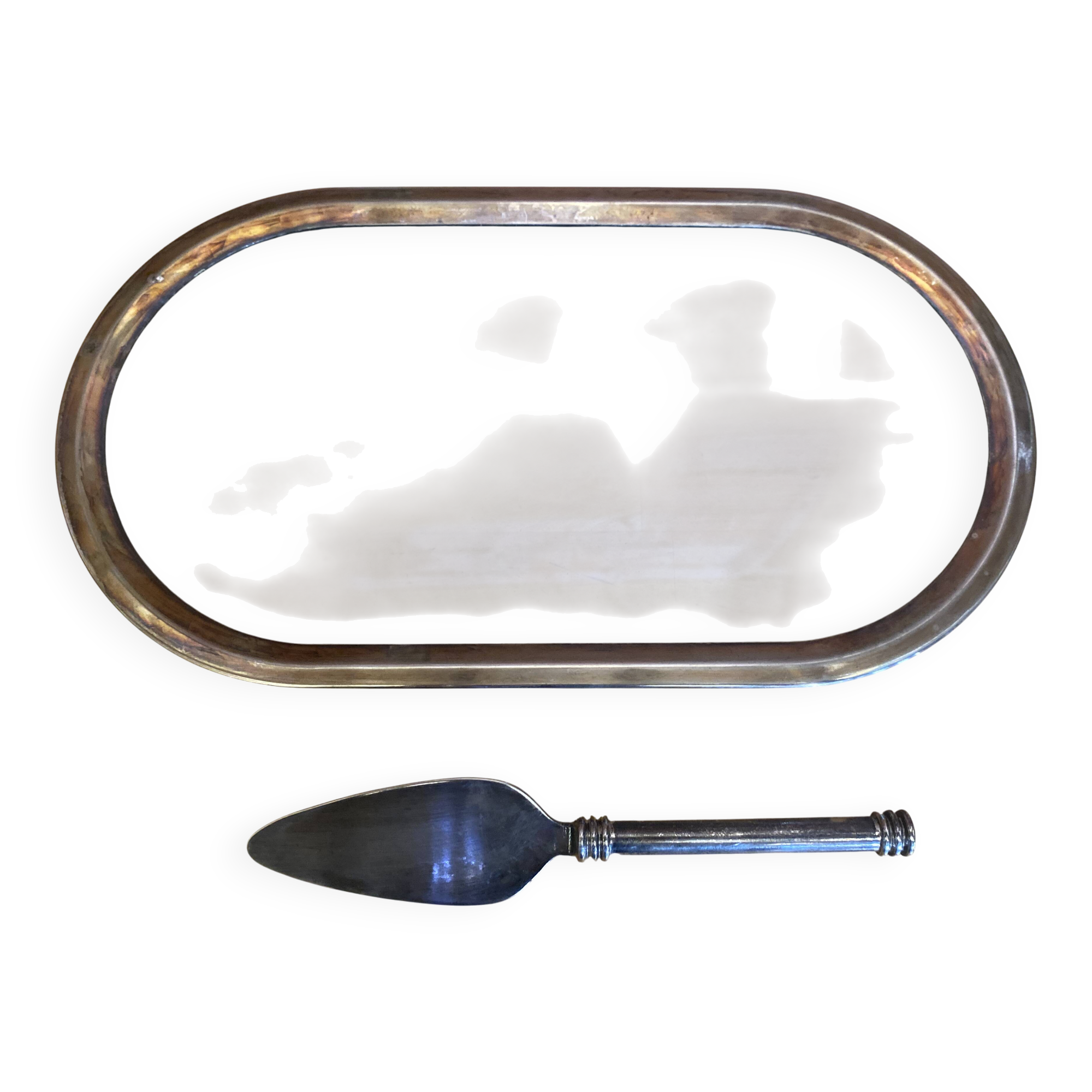 Foie gras service jd france platter + silver metal spatula + vintage glass