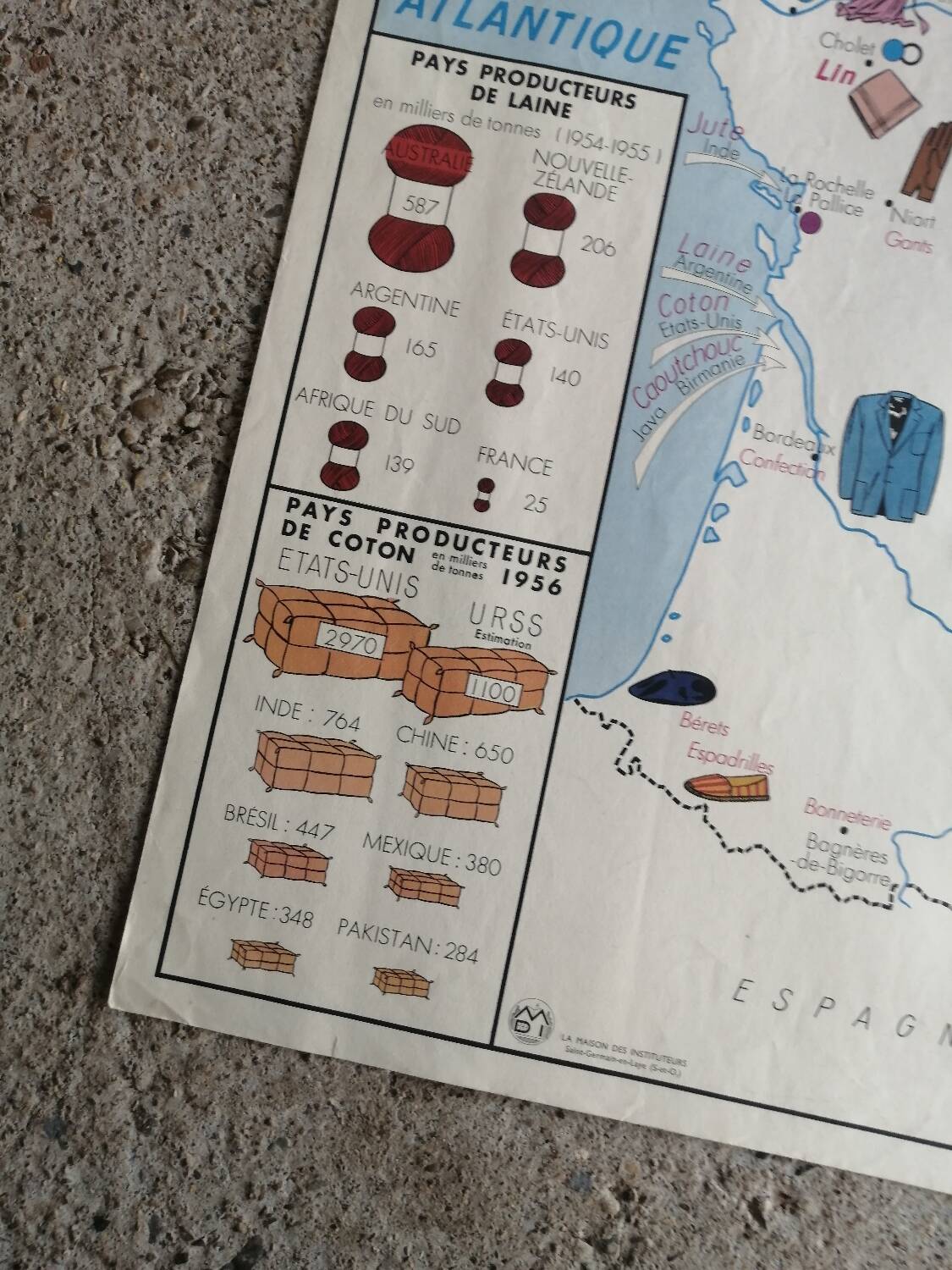 Vintage school map of France "Commerce and Clothing"