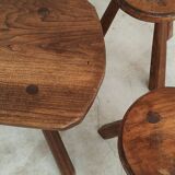 Set of free-form elm coffee table and brutalist style stools