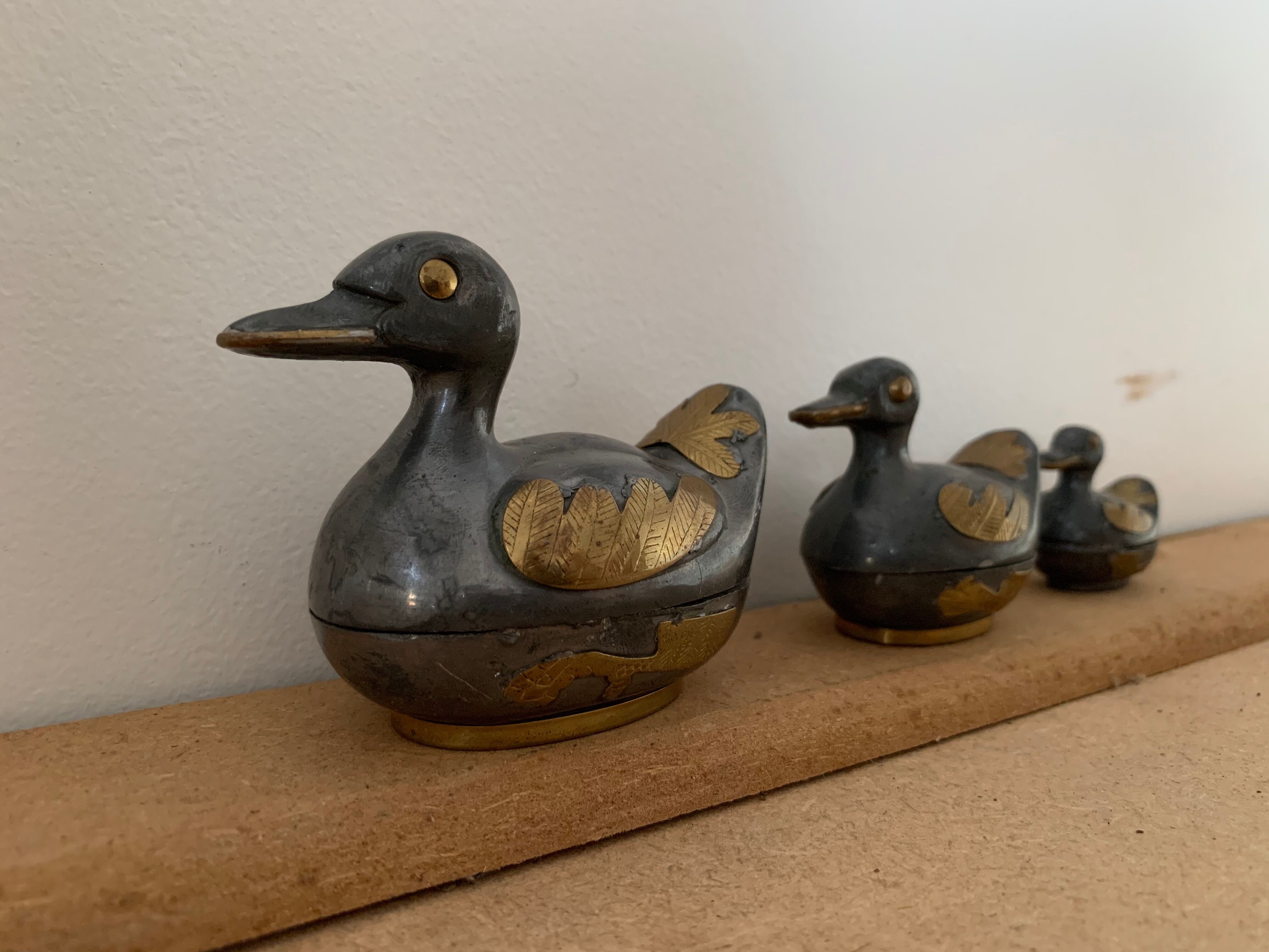 Set of 3 antique tin and brass ducks
