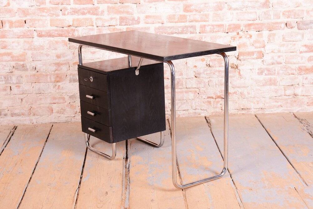 Bauhaus Writing Desk in Oak and Chromed Steel by Robert Slezák, Czech, 1930s