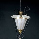 Mid-Century Brass, Black Metal and Opaline Gilt Glass Lantern and sconces, Maison Lunel, France
