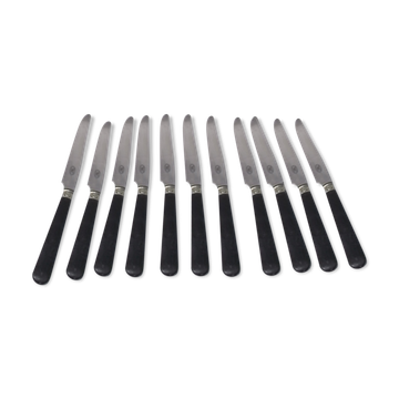 Set of 11 knives with black wooden handles.