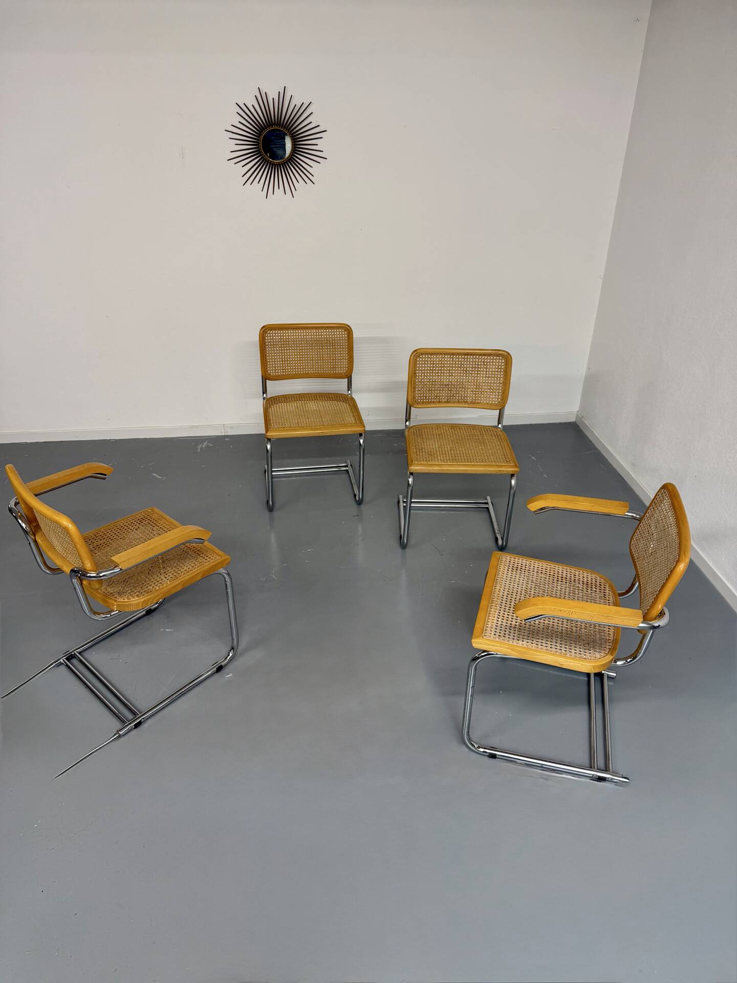 Set of 4 cane cantilever chairs and armchairs, Cesca, 1970s.