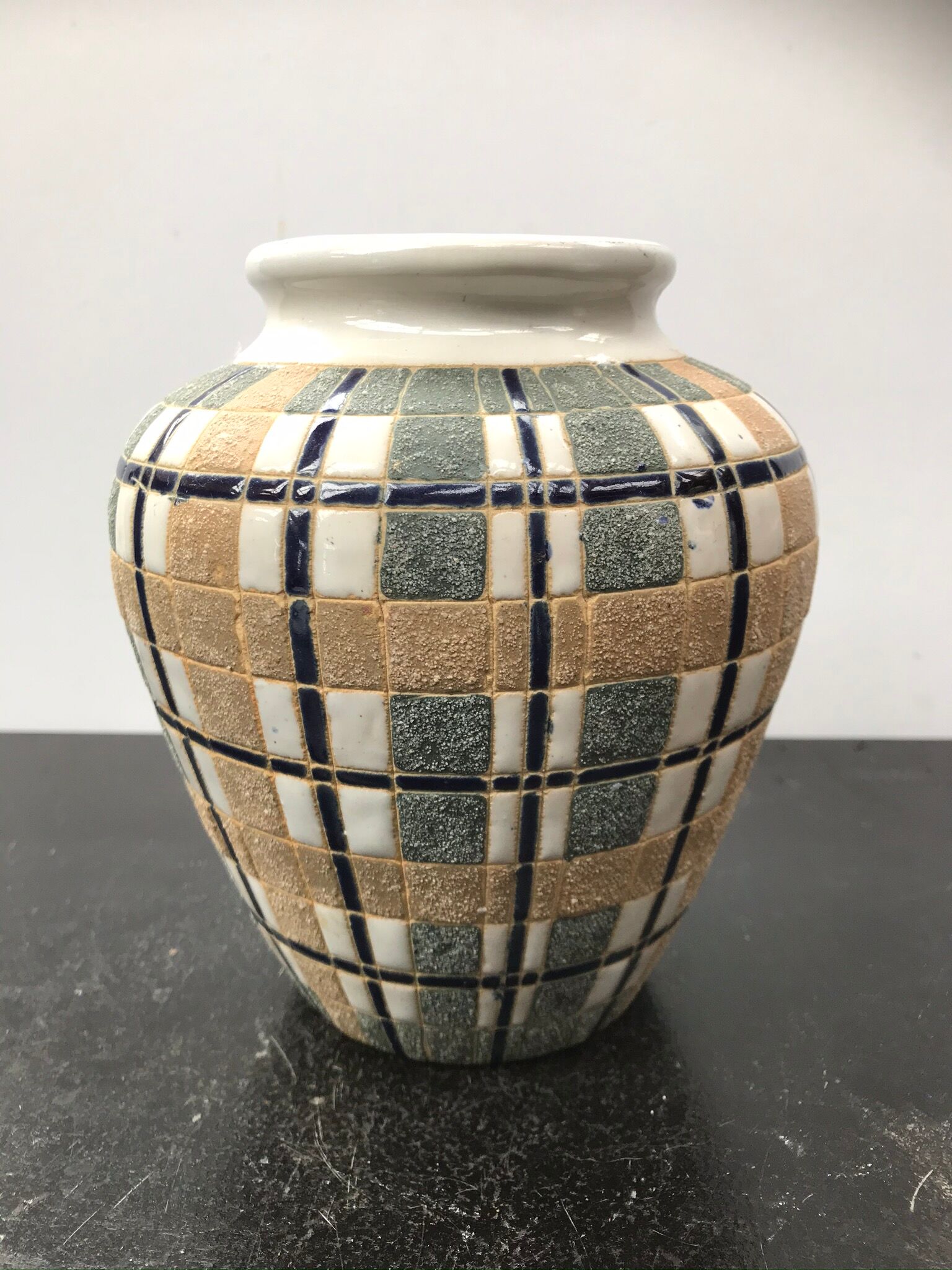 Ceramic vase white geometric decoration vintage