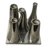 Asymmetrical multitube vase on a base, in silvered ceramic, 1970.