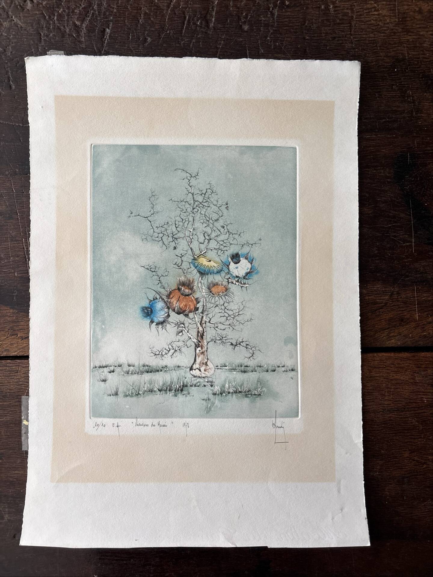 Original Engraving Bernard Louedin 1978 "Thistles of the Marsh" Signed Numbered