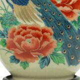 Pair of Japanese Vases Peacocks Flowers Crackle Ceramic 26cm